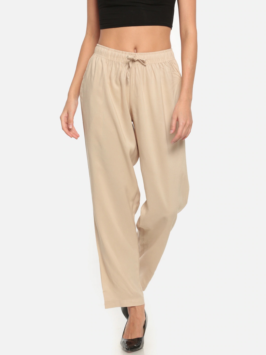 Cream Rayon Plain Women Pant-40492